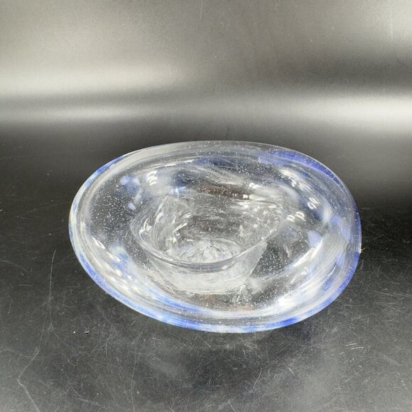 Vintage Hand Blown Art Glass Dish Bowl Clear With Blue Spots Hand Made Glass VTG - Picture 15 of 16